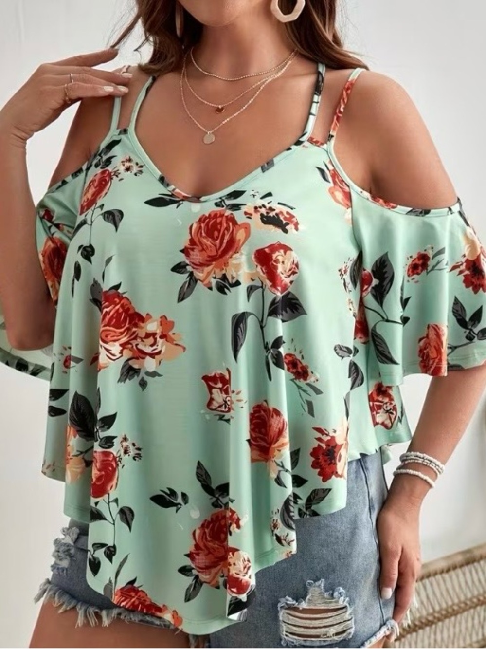 Mint Floral Cold Shoulder Flutter Sleeve Top | Women’s 3X (Fits US 18)